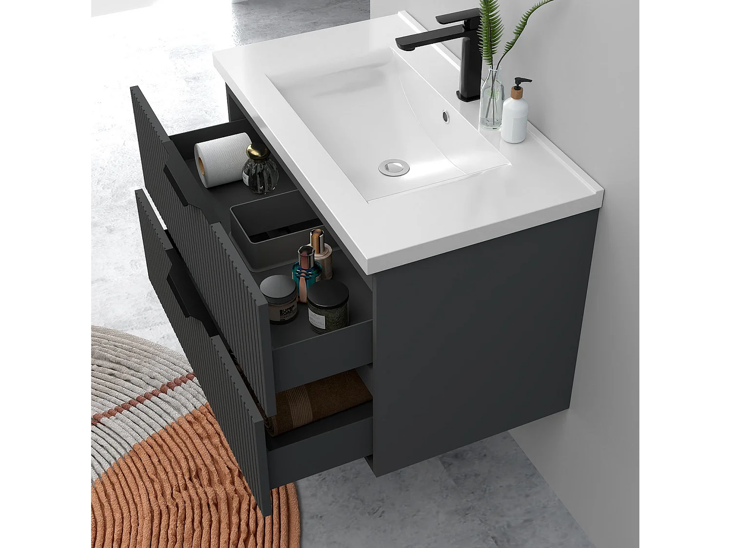 Meuble de salle de bain suspendu Strié 80cm avec poignées + simple vasque + 2 tiroirs, Anthracite