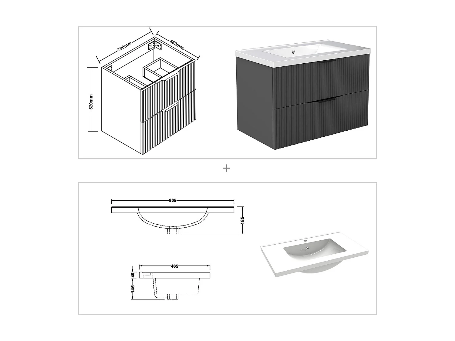 Meuble de salle de bain suspendu Strié 80cm avec poignées + simple vasque + 2 tiroirs, Anthracite
