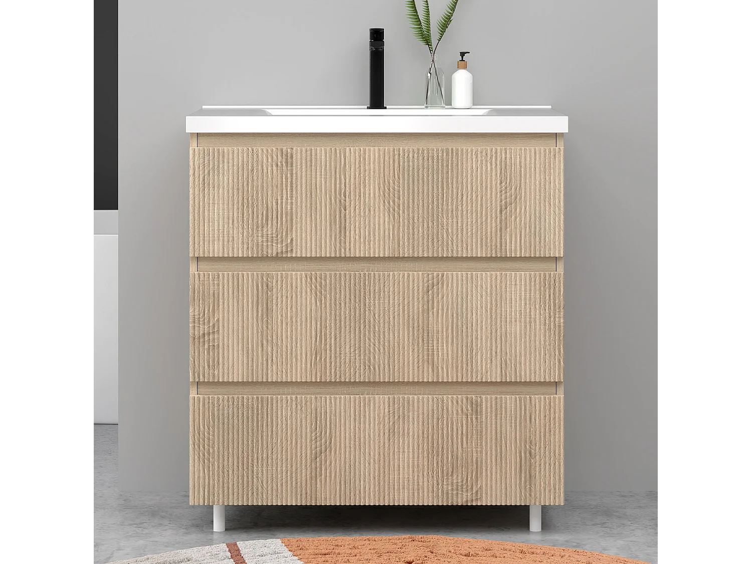 Meuble de salle de bain suspendu Strié 80cm avec simple vasque + 3 tiroirs, Chêne