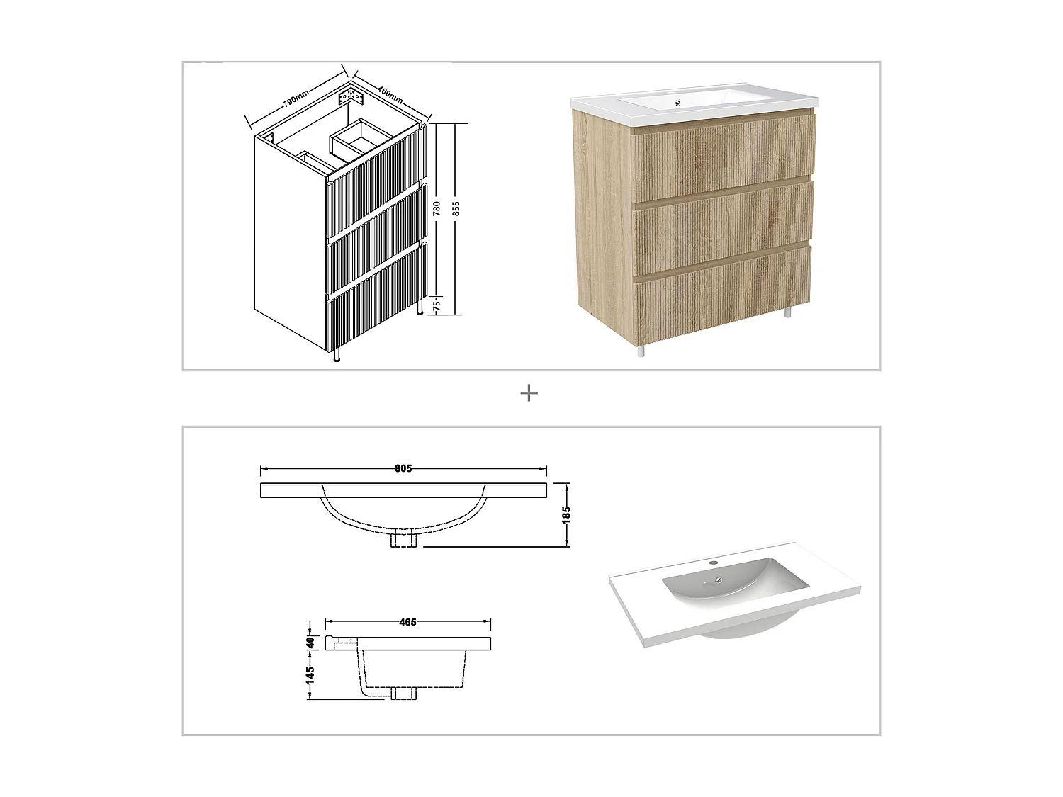 Meuble de salle de bain suspendu Strié 80cm avec simple vasque + 3 tiroirs, Chêne