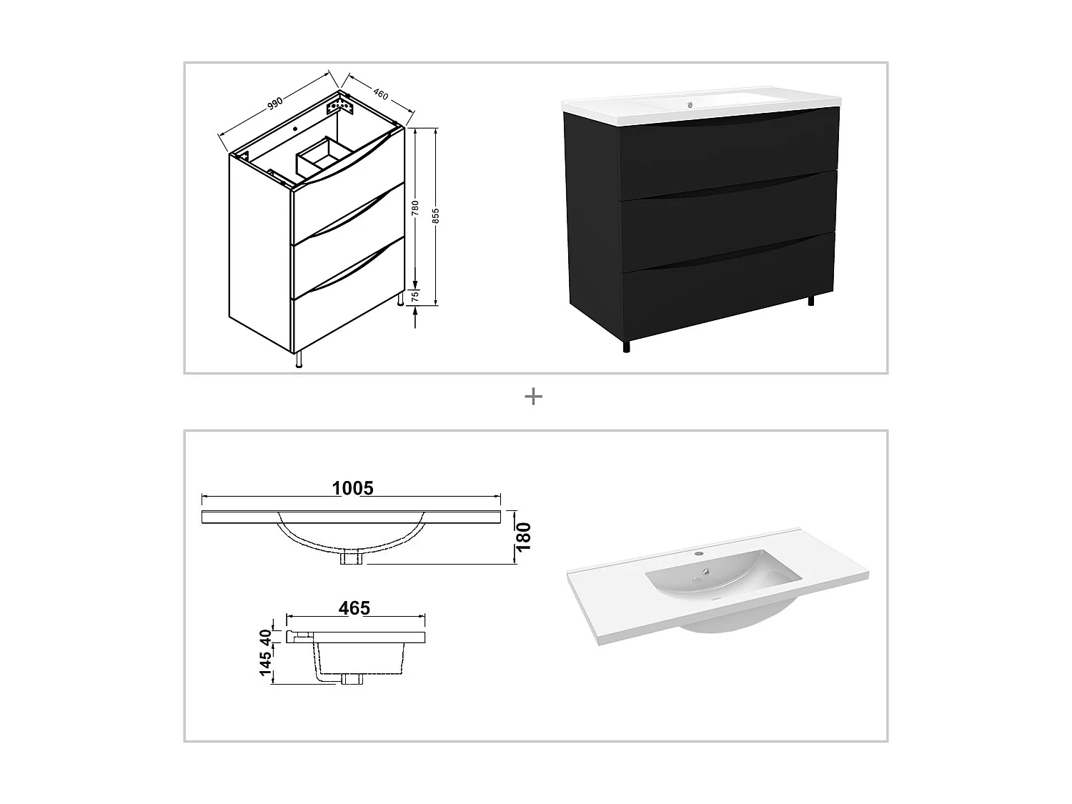 Meuble de salle de bain suspendu 100cm avec simple vasque + 3 tiroirs, Noir