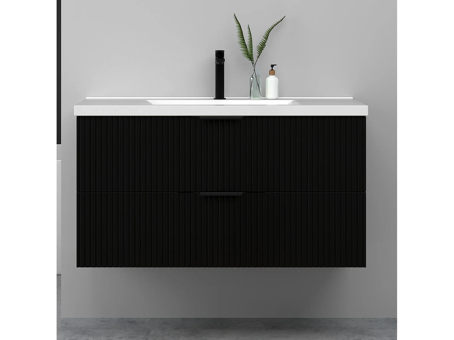 Meuble de salle de bain suspendu Strié 100cm avec poignées + simple vasque + 2 tiroirs, Noir