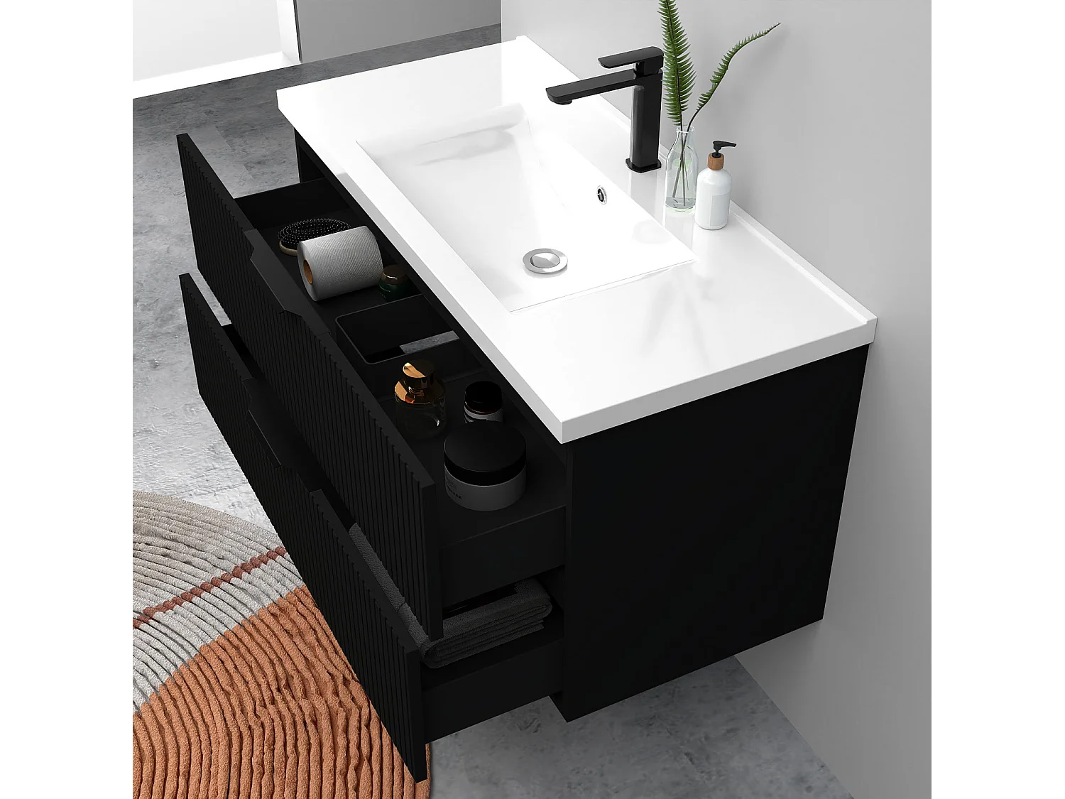Meuble de salle de bain suspendu Strié 100cm avec poignées + simple vasque + 2 tiroirs, Noir