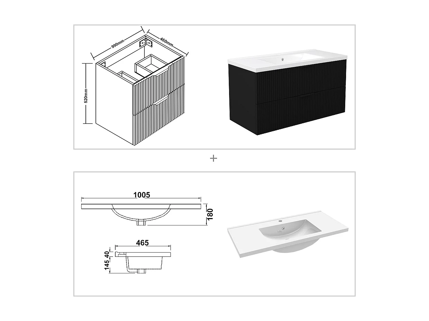 Meuble de salle de bain suspendu Strié 100cm avec poignées + simple vasque + 2 tiroirs, Noir