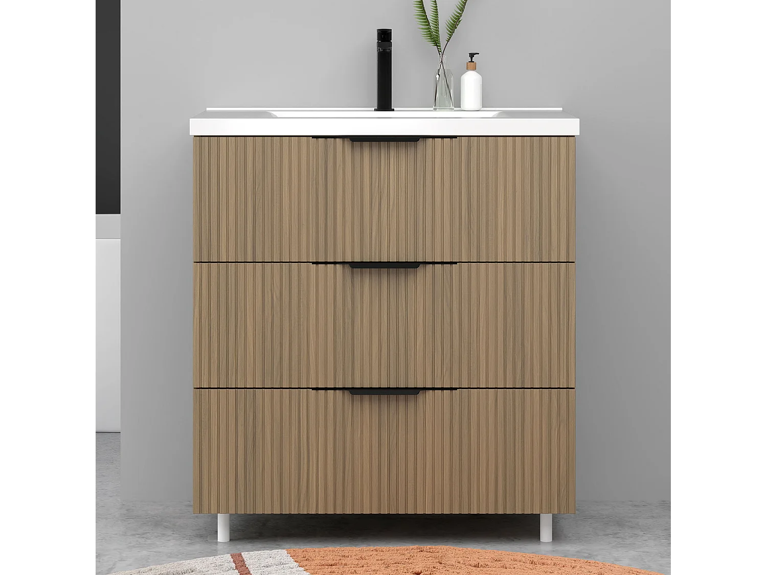 Meuble de salle de bain suspendu Strié 80cm avec poignées + simple vasque + 3 tiroirs, Noyer