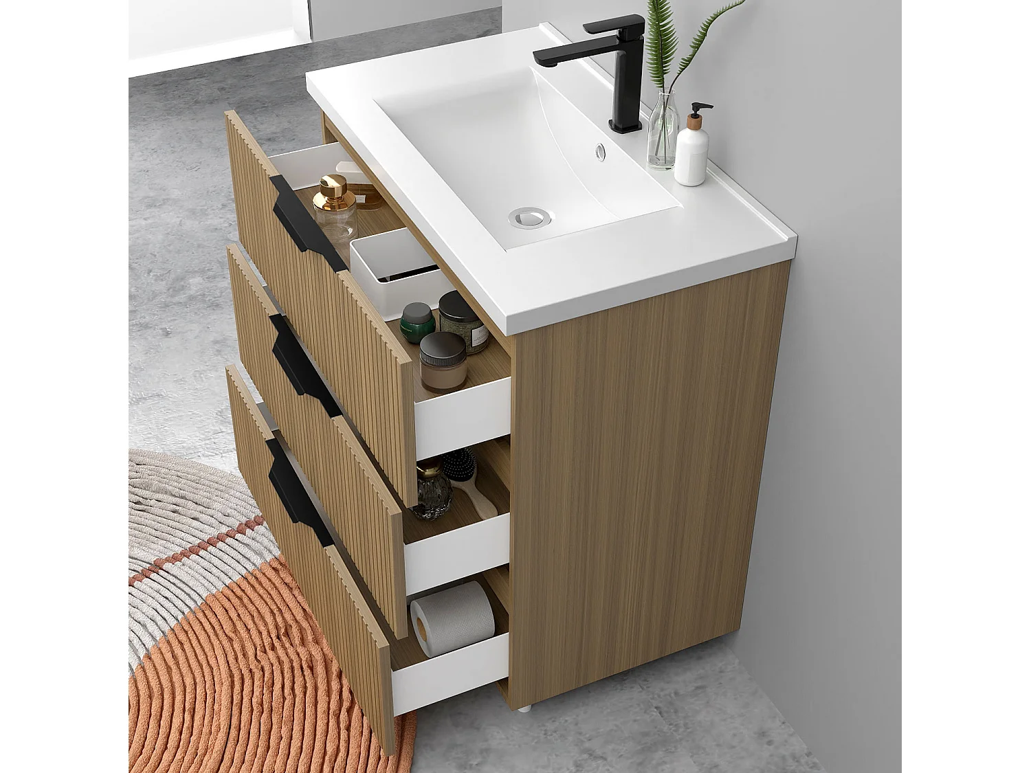 Meuble de salle de bain suspendu Strié 80cm avec poignées + simple vasque + 3 tiroirs, Noyer