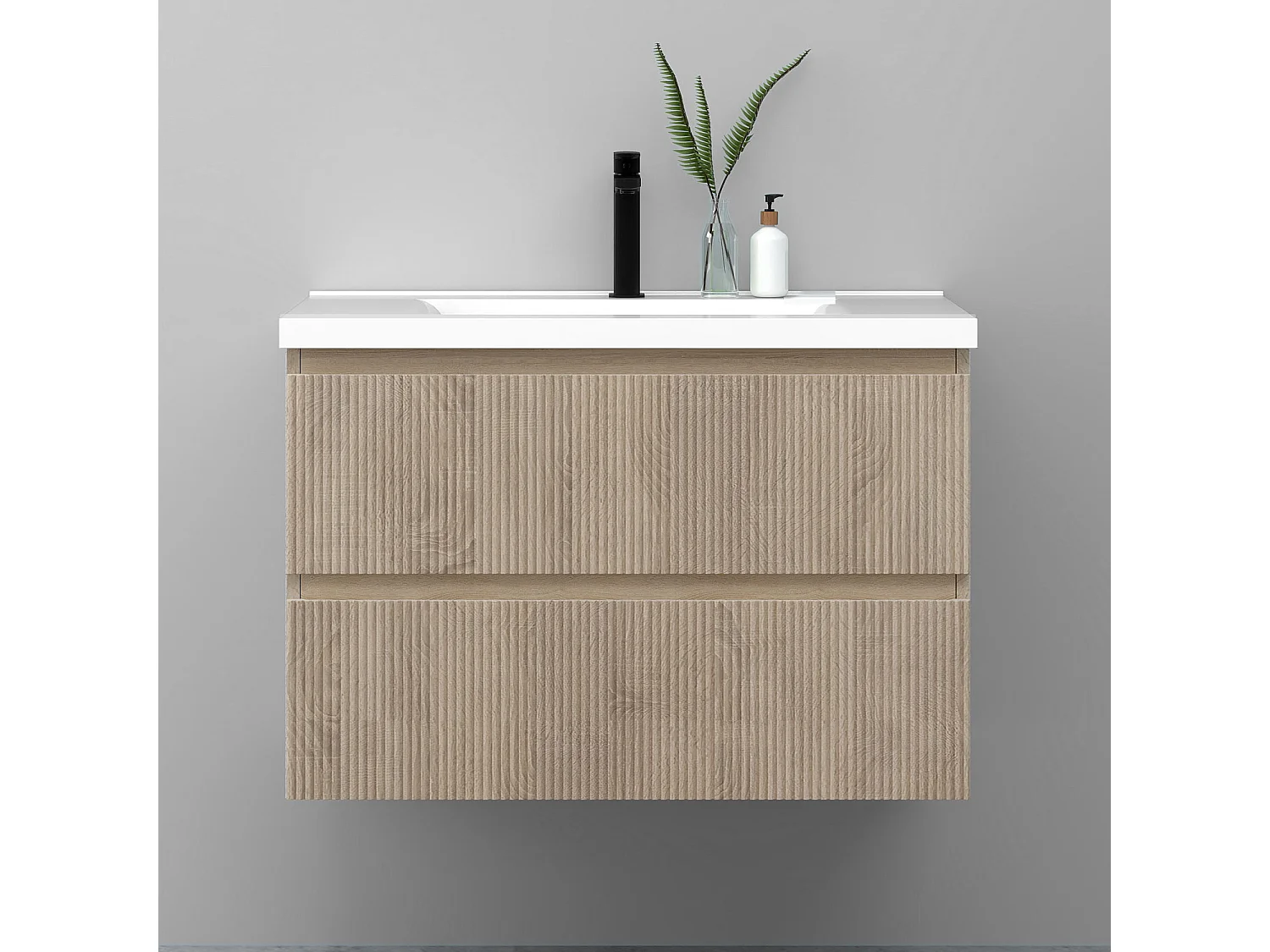 Meuble de salle de bain suspendu Strié 80cm avec simple vasque + 2 tiroirs, Chêne
