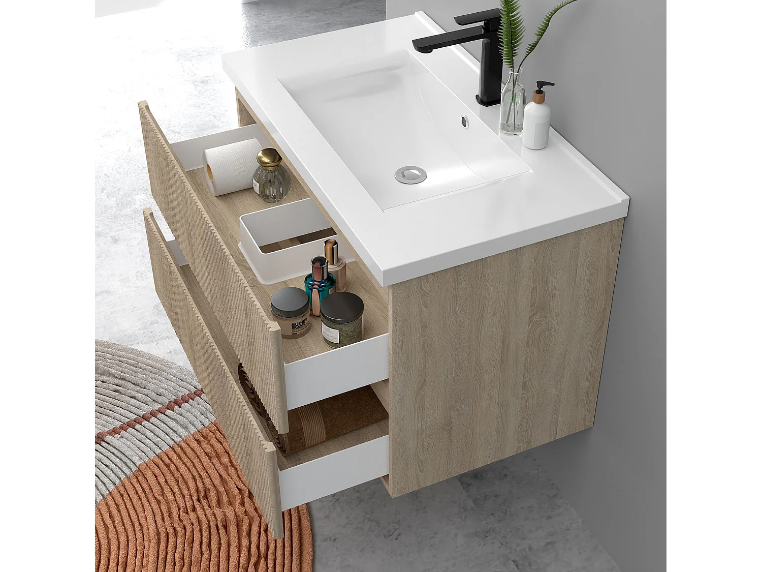 Meuble de salle de bain suspendu Strié 80cm avec simple vasque + 2 tiroirs, Chêne