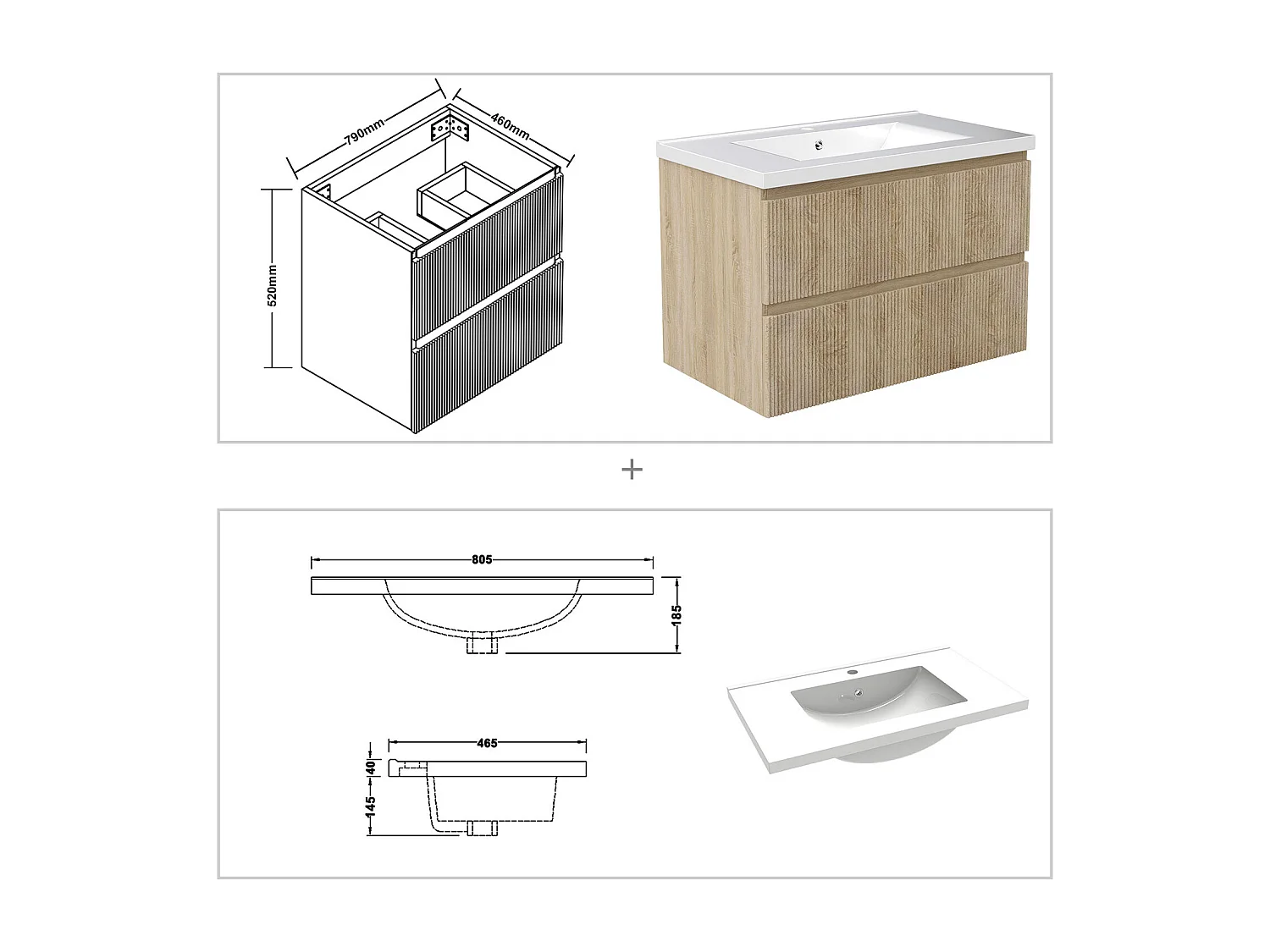 Meuble de salle de bain suspendu Strié 80cm avec simple vasque + 2 tiroirs, Chêne