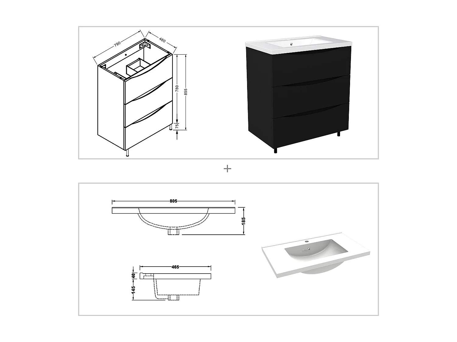 Meuble de salle de bain suspendu 80cm avec simple vasque + 3 tiroirs, Noir