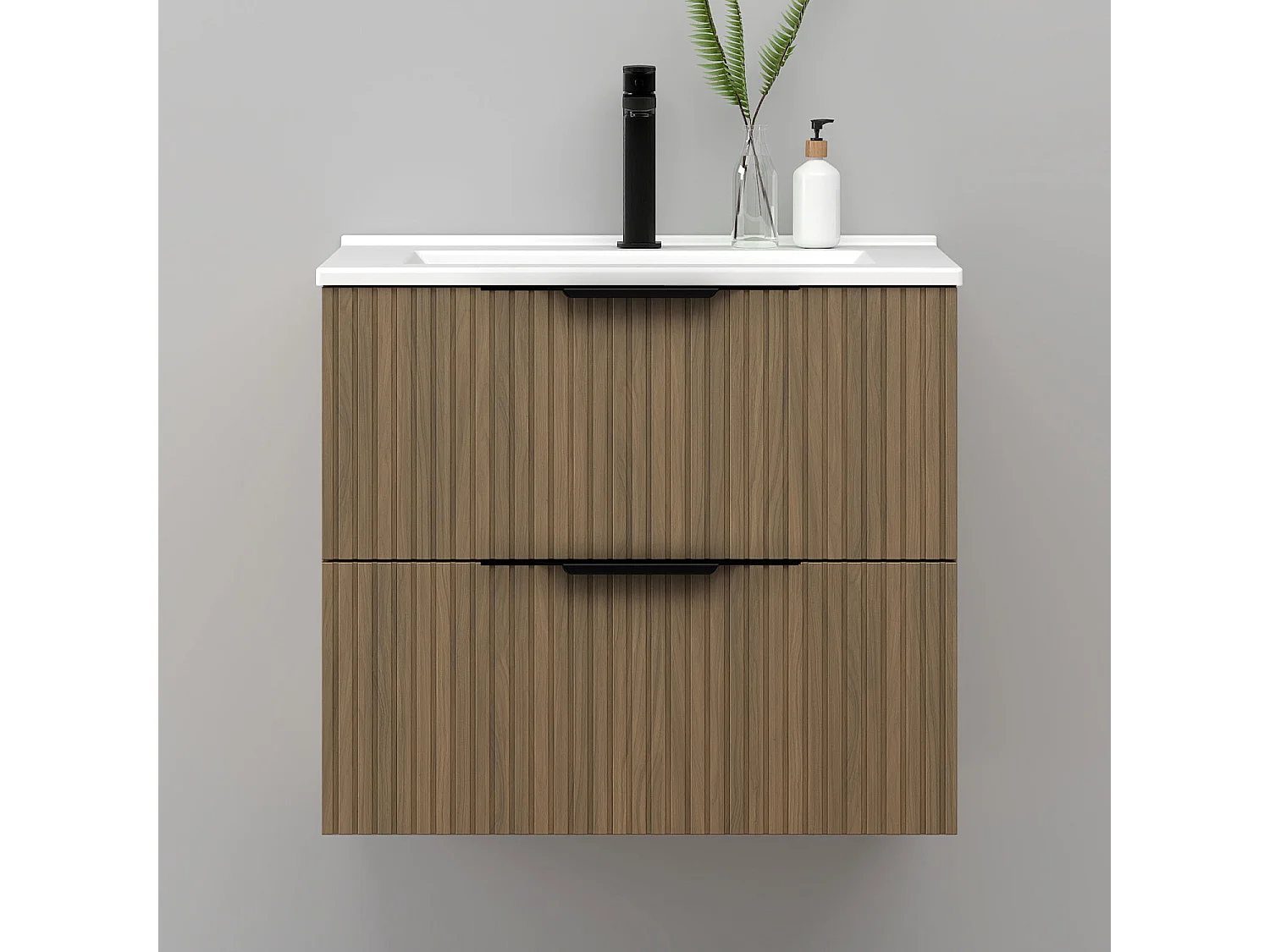 Meuble de salle de bain suspendu Strié 60cm avec poignées + simple vasque + 2 tiroirs, Noyer