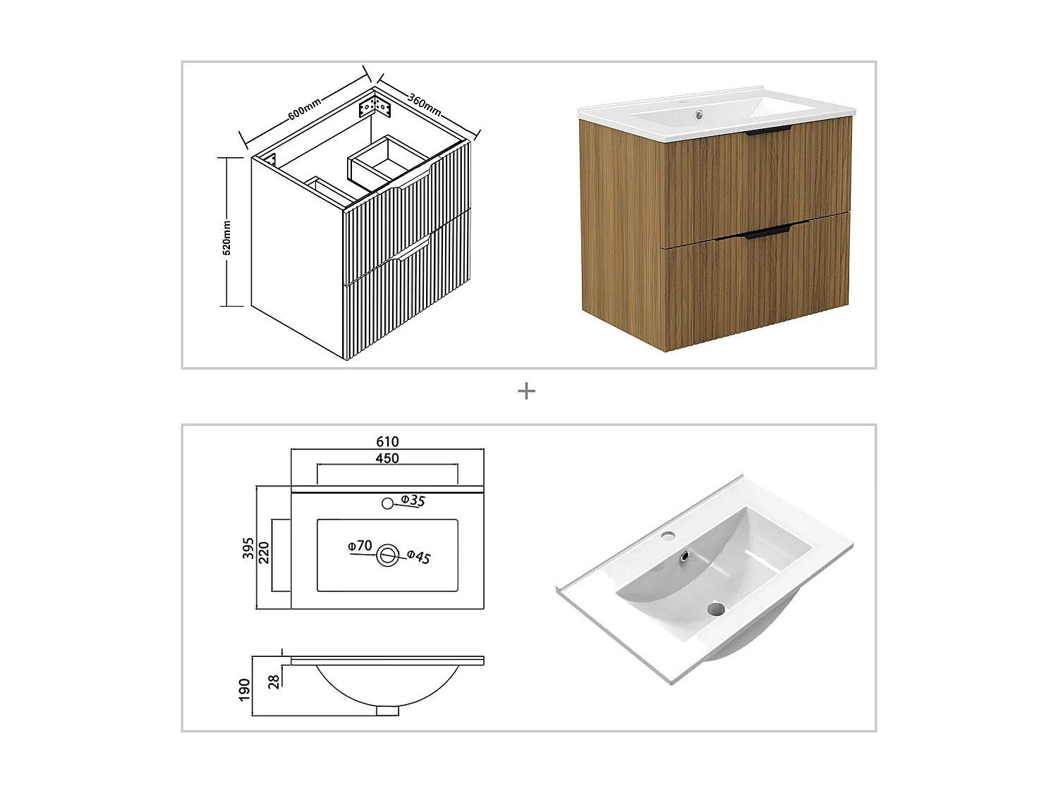 Meuble de salle de bain suspendu Strié 60cm avec poignées + simple vasque + 2 tiroirs, Noyer