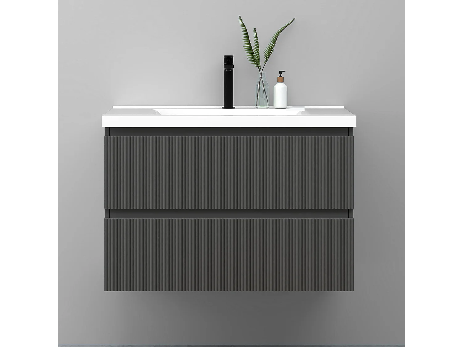 Meuble de salle de bain suspendu Strié 80cm avec simple vasque + 2 tiroirs, Anthracite