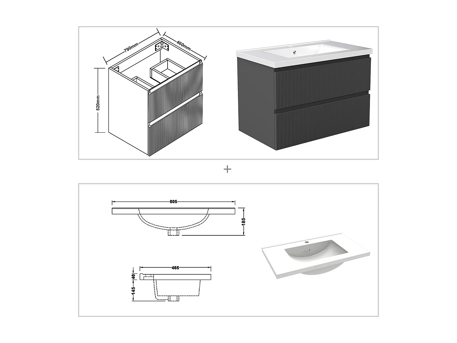 Meuble de salle de bain suspendu Strié 80cm avec simple vasque + 2 tiroirs, Anthracite