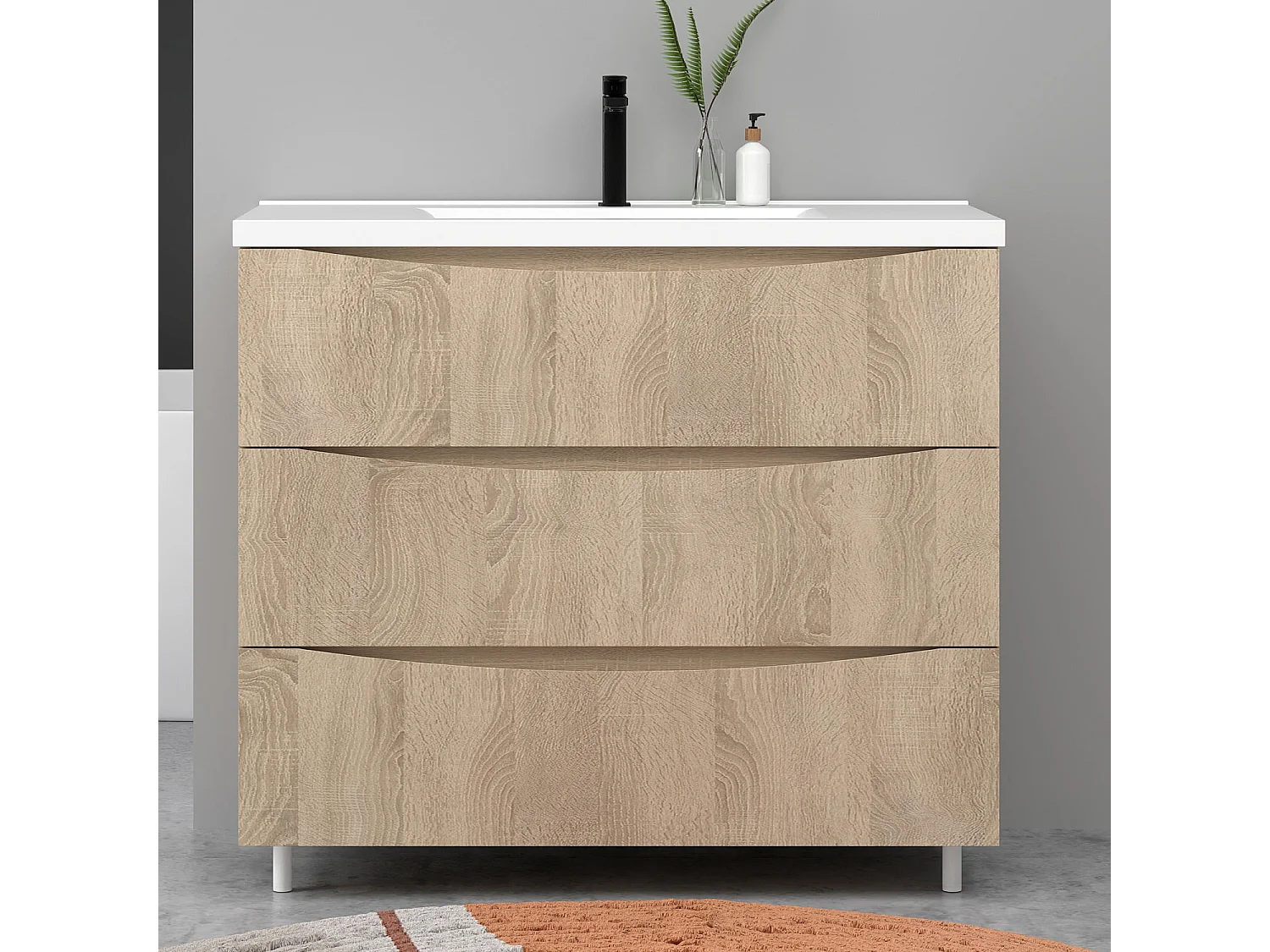 Meuble de salle de bain suspendu 100cm avec simple vasque + 3 tiroirs, Chêne