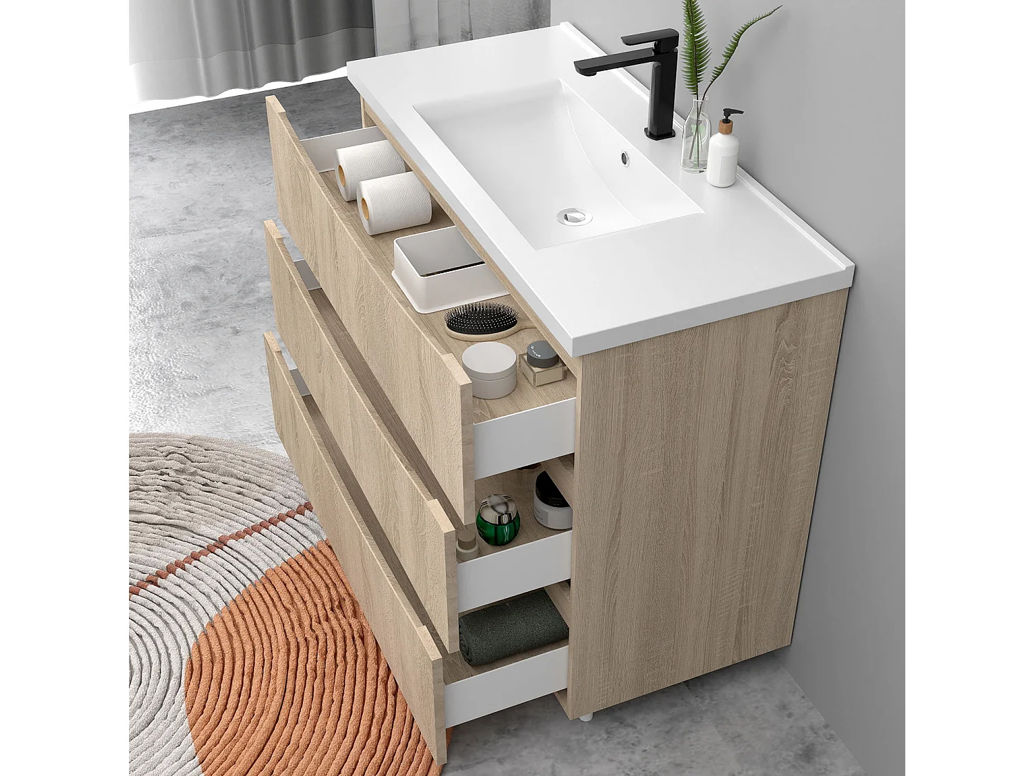 Meuble de salle de bain suspendu 100cm avec simple vasque + 3 tiroirs, Chêne