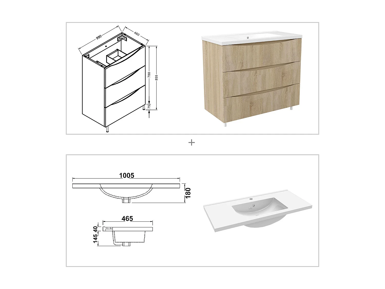 Meuble de salle de bain suspendu 100cm avec simple vasque + 3 tiroirs, Chêne