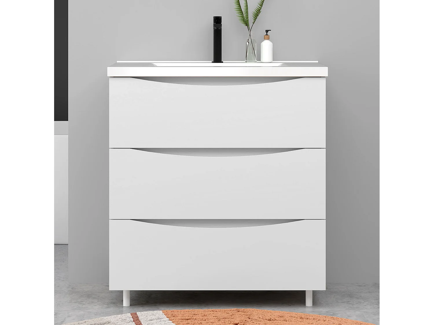 Meuble de salle de bain suspendu 80cm avec simple vasque + 3 tiroirs, Blanc