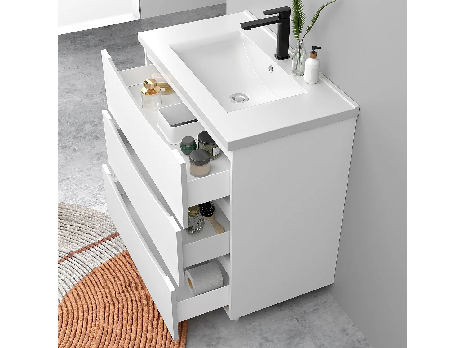 Meuble de salle de bain suspendu 80cm avec simple vasque + 3 tiroirs, Blanc
