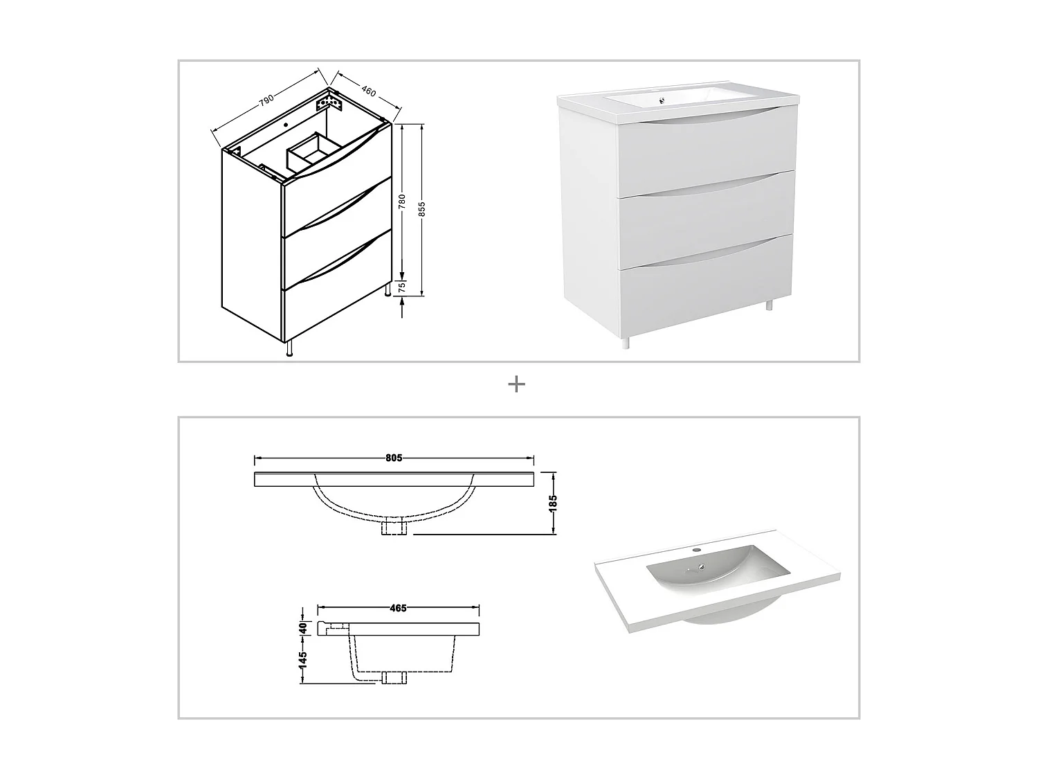 Meuble de salle de bain suspendu 80cm avec simple vasque + 3 tiroirs, Blanc