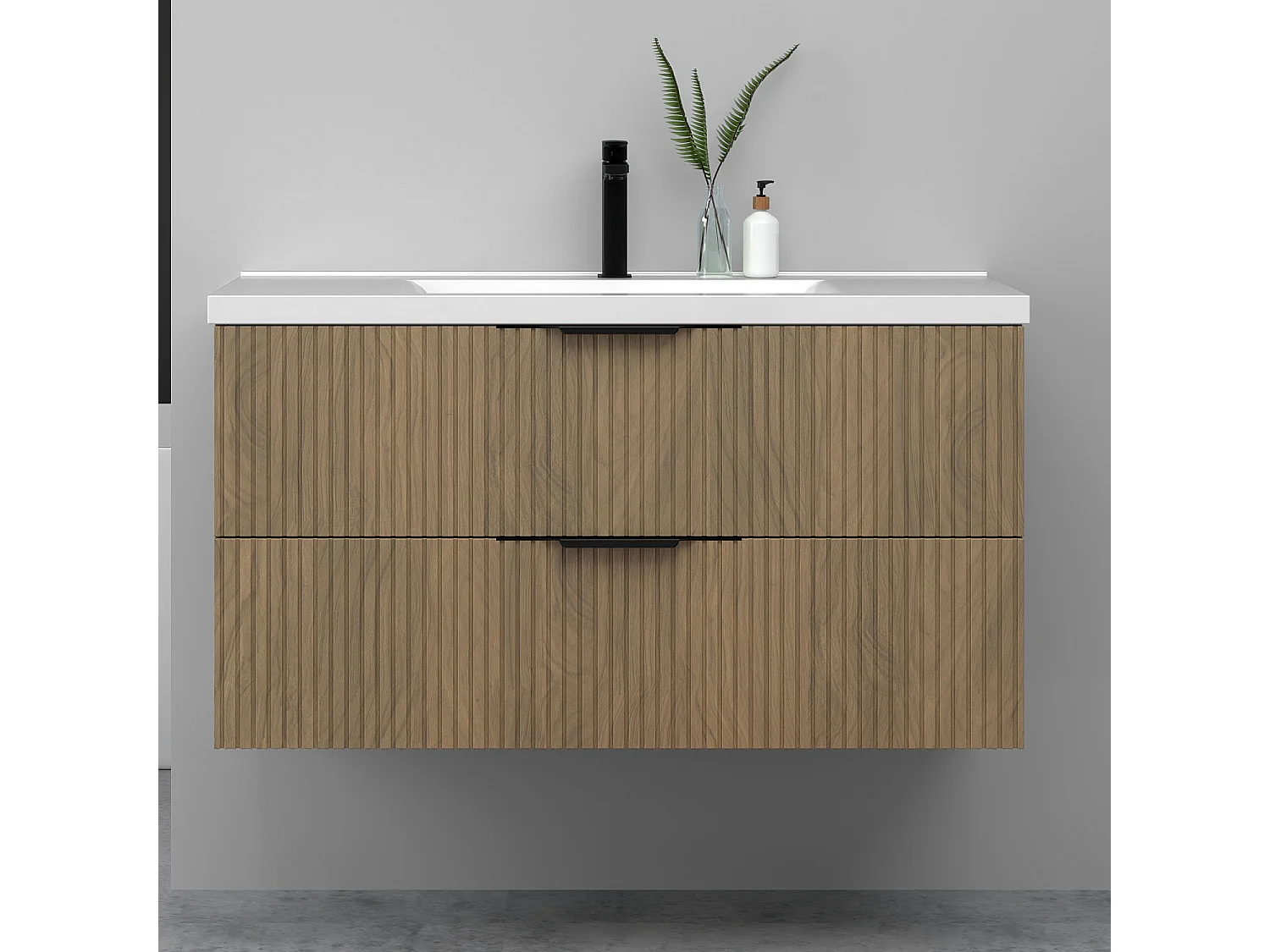 Meuble de salle de bain suspendu Strié 100cm avec poignées + simple vasque + 2 tiroirs, Noyer