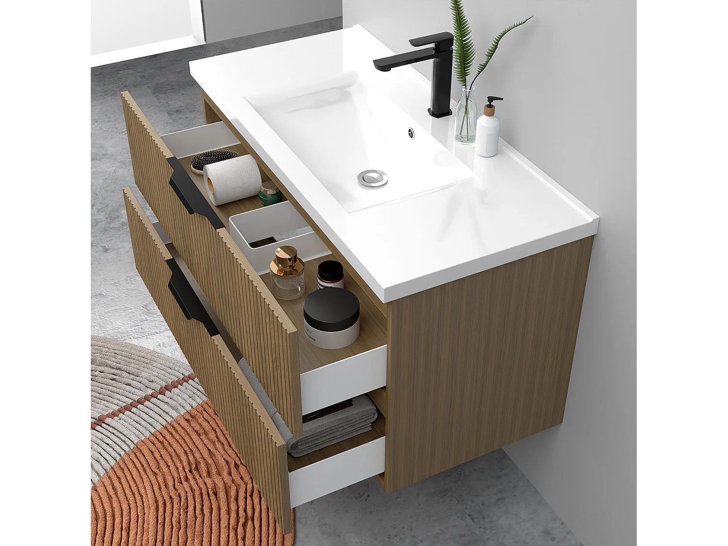 Meuble de salle de bain suspendu Strié 100cm avec poignées + simple vasque + 2 tiroirs, Noyer