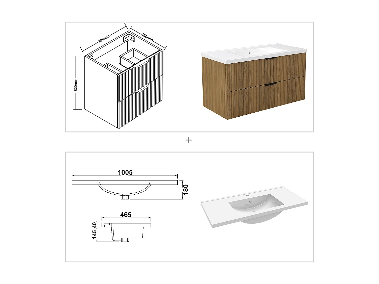 Meuble de salle de bain suspendu Strié 100cm avec poignées + simple vasque + 2 tiroirs, Noyer