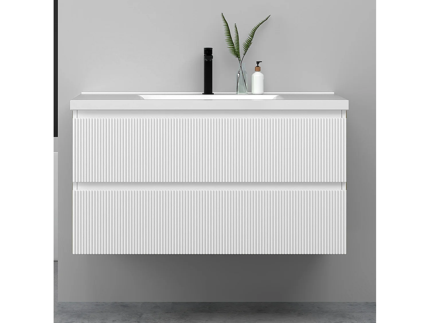 Meuble de salle de bain suspendu Strié 100cm avec simple vasque + 2 tiroirs, Blanc