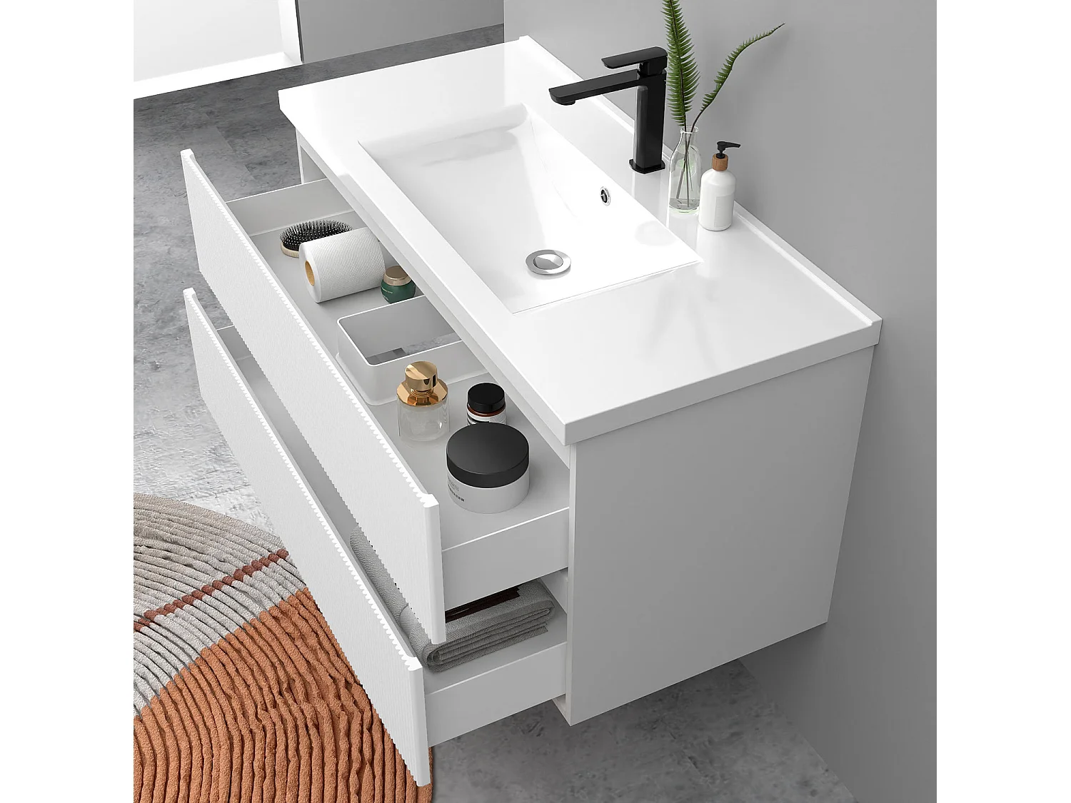 Meuble de salle de bain suspendu Strié 100cm avec simple vasque + 2 tiroirs, Blanc