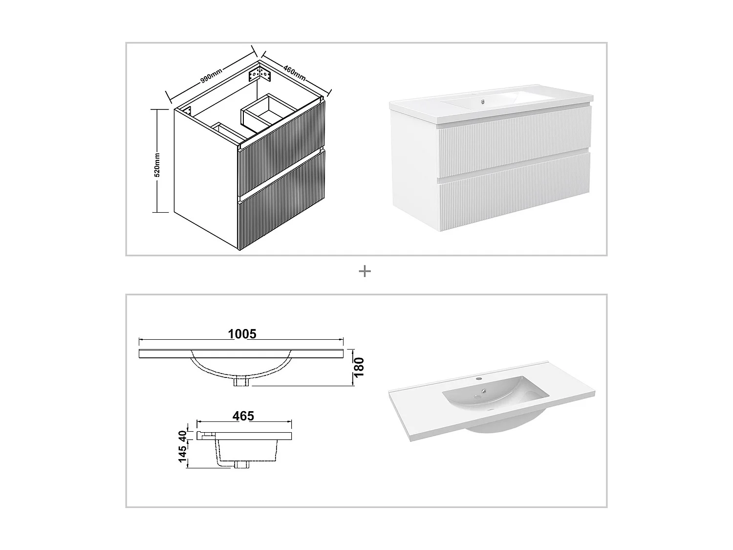 Meuble de salle de bain suspendu Strié 100cm avec simple vasque + 2 tiroirs, Blanc