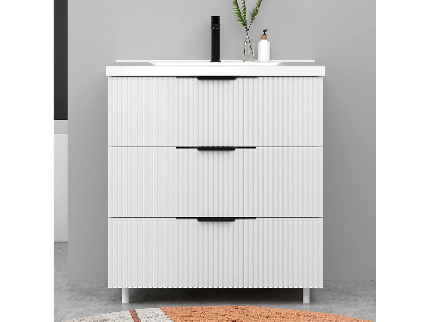 Meuble de salle de bain suspendu Strié 80cm avec poignées + simple vasque + 3 tiroirs, Blanc