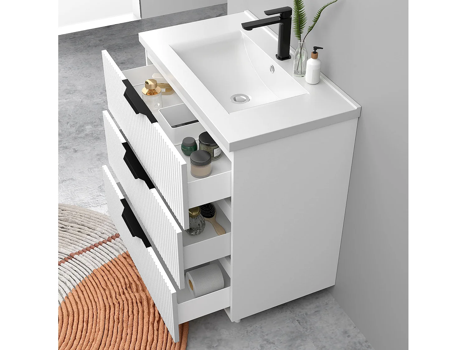 Meuble de salle de bain suspendu Strié 80cm avec poignées + simple vasque + 3 tiroirs, Blanc