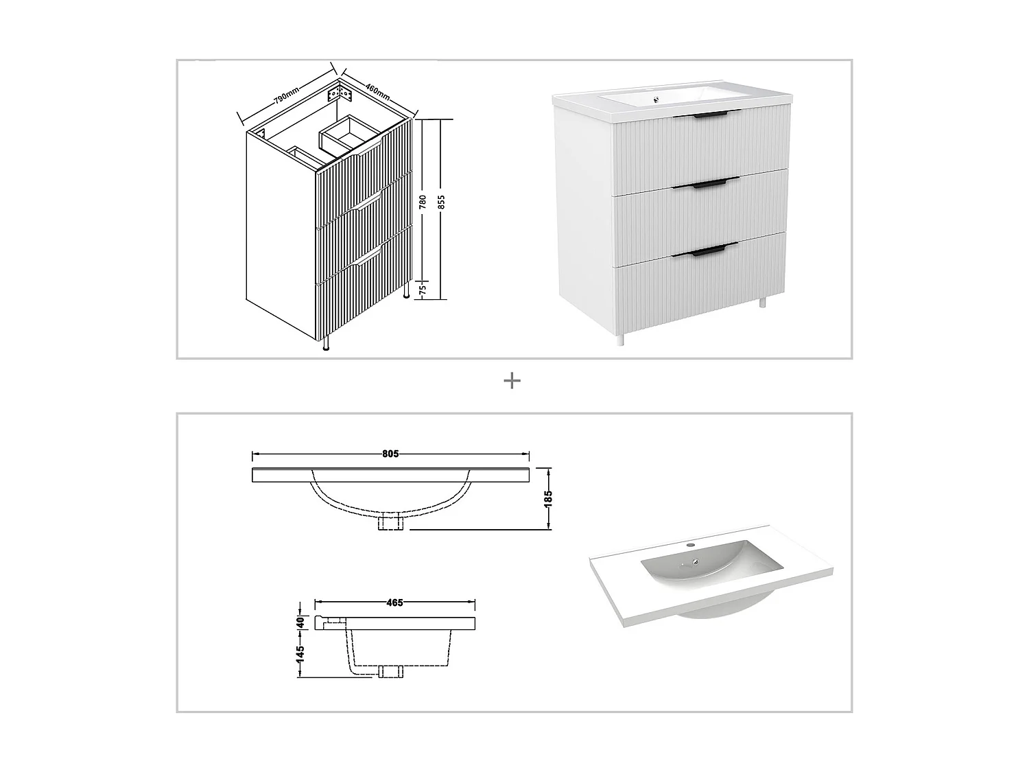 Meuble de salle de bain suspendu Strié 80cm avec poignées + simple vasque + 3 tiroirs, Blanc