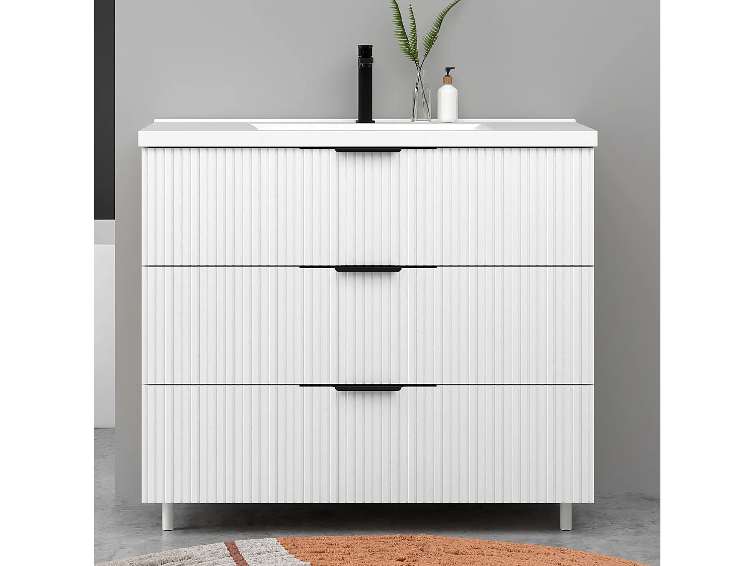 Meuble de salle de bain suspendu Strié 100cm avec poignées + simple vasque + 3 tiroirs, Blanc