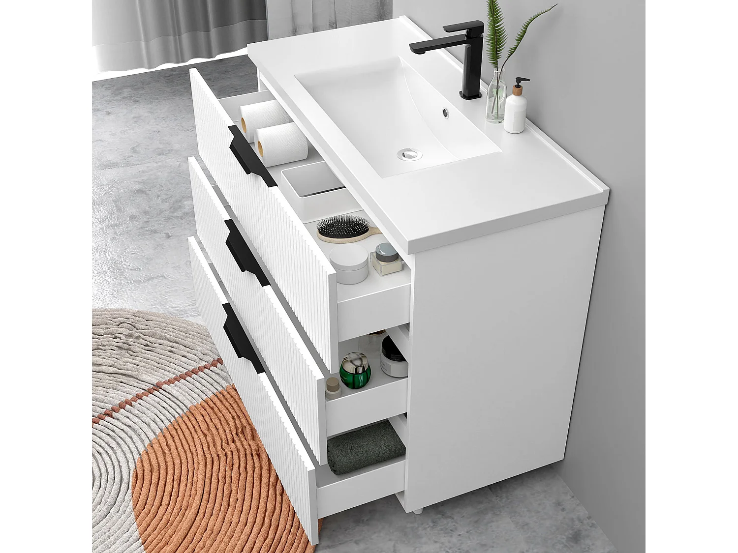 Meuble de salle de bain suspendu Strié 100cm avec poignées + simple vasque + 3 tiroirs, Blanc
