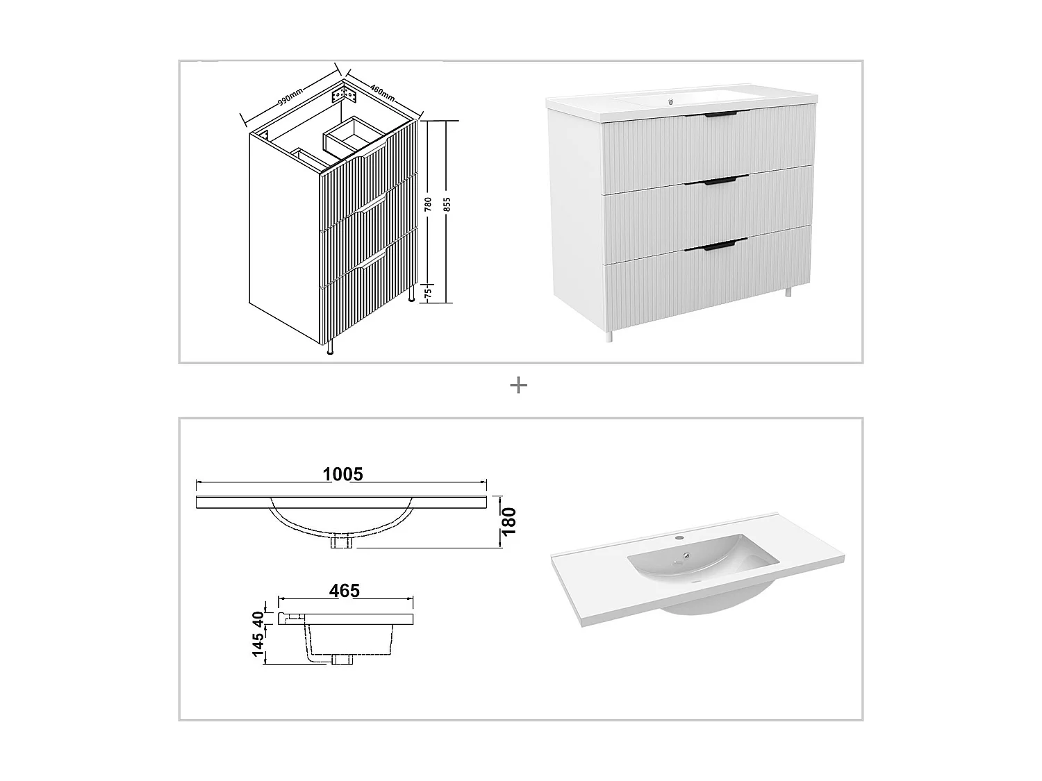 Meuble de salle de bain suspendu Strié 100cm avec poignées + simple vasque + 3 tiroirs, Blanc