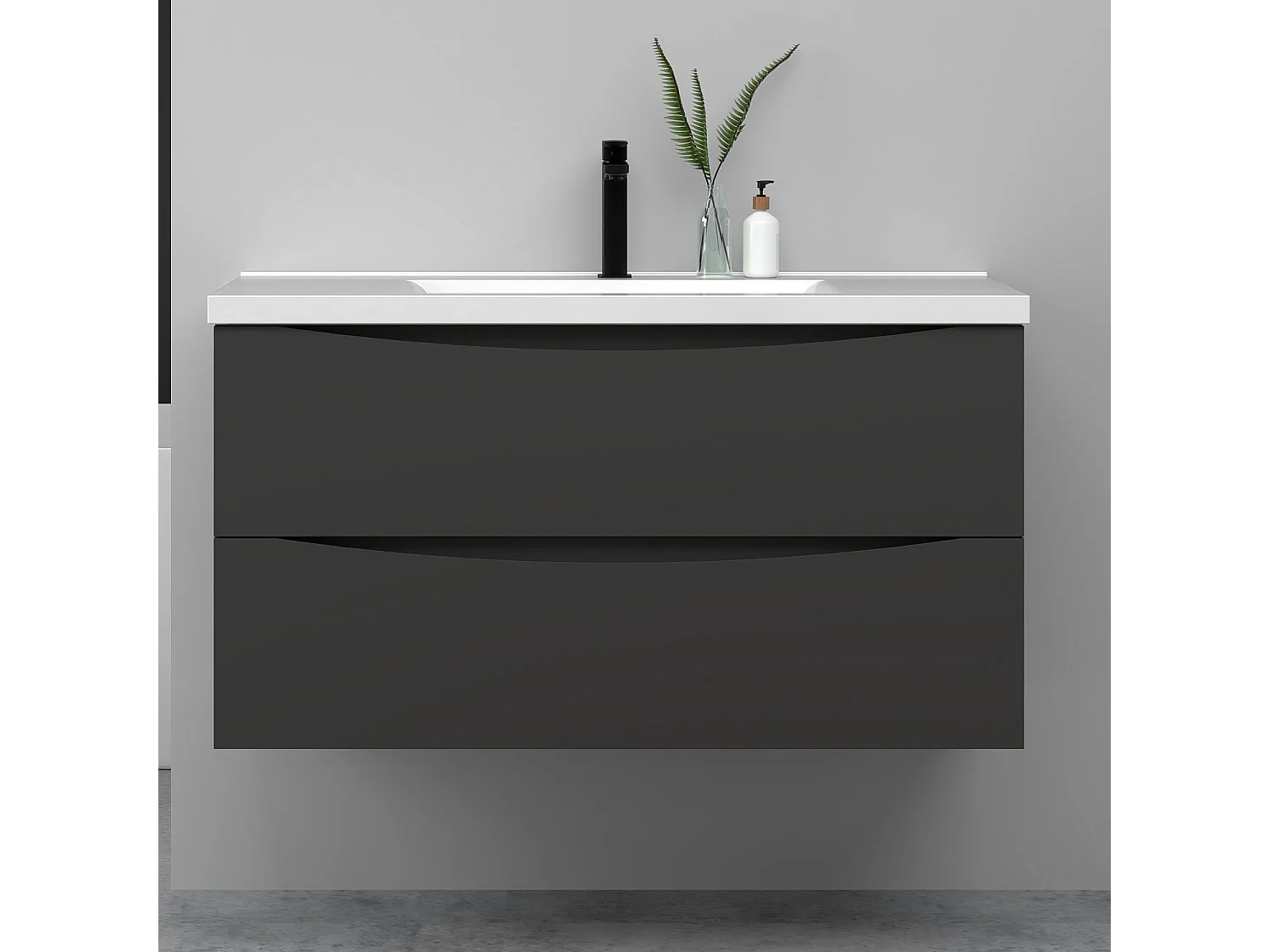 Meuble de salle de bain suspendu 100cm avec simple vasque + 2 tiroirs, Anthracite