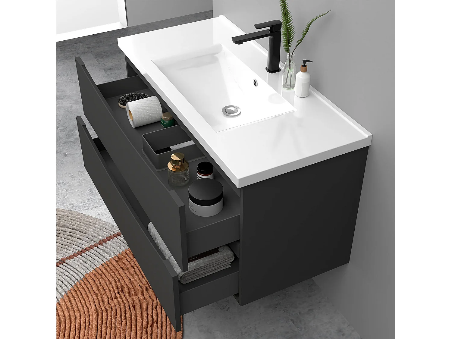 Meuble de salle de bain suspendu 100cm avec simple vasque + 2 tiroirs, Anthracite