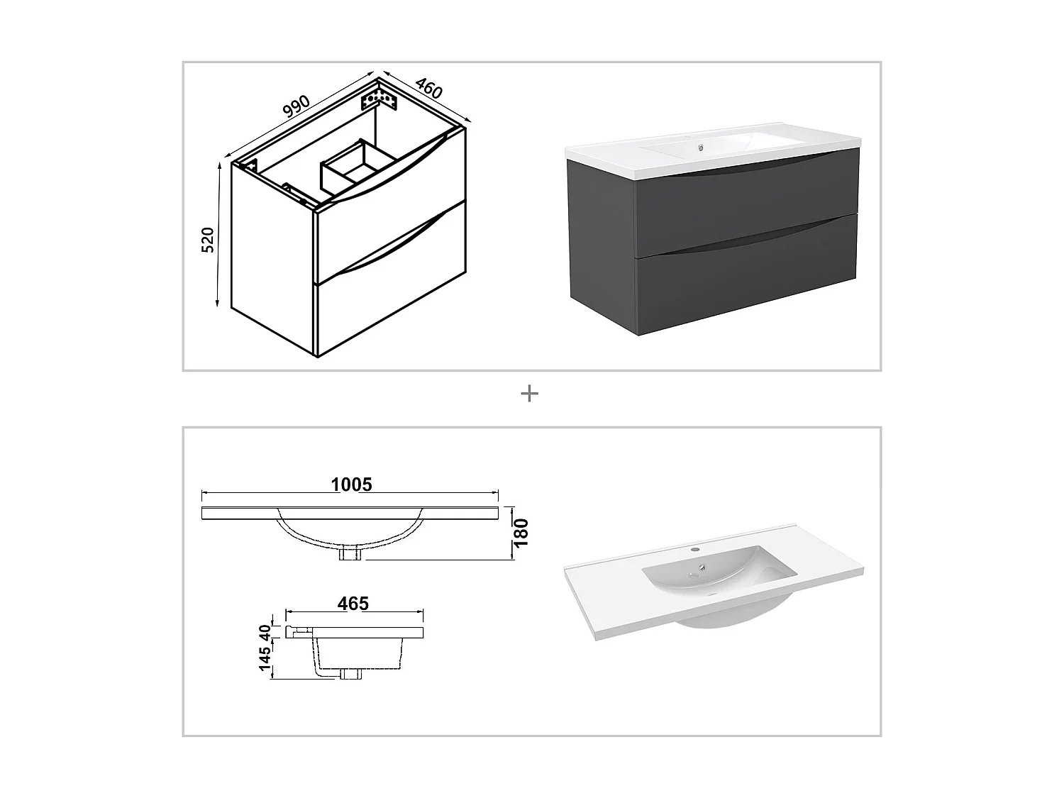Meuble de salle de bain suspendu 100cm avec simple vasque + 2 tiroirs, Anthracite