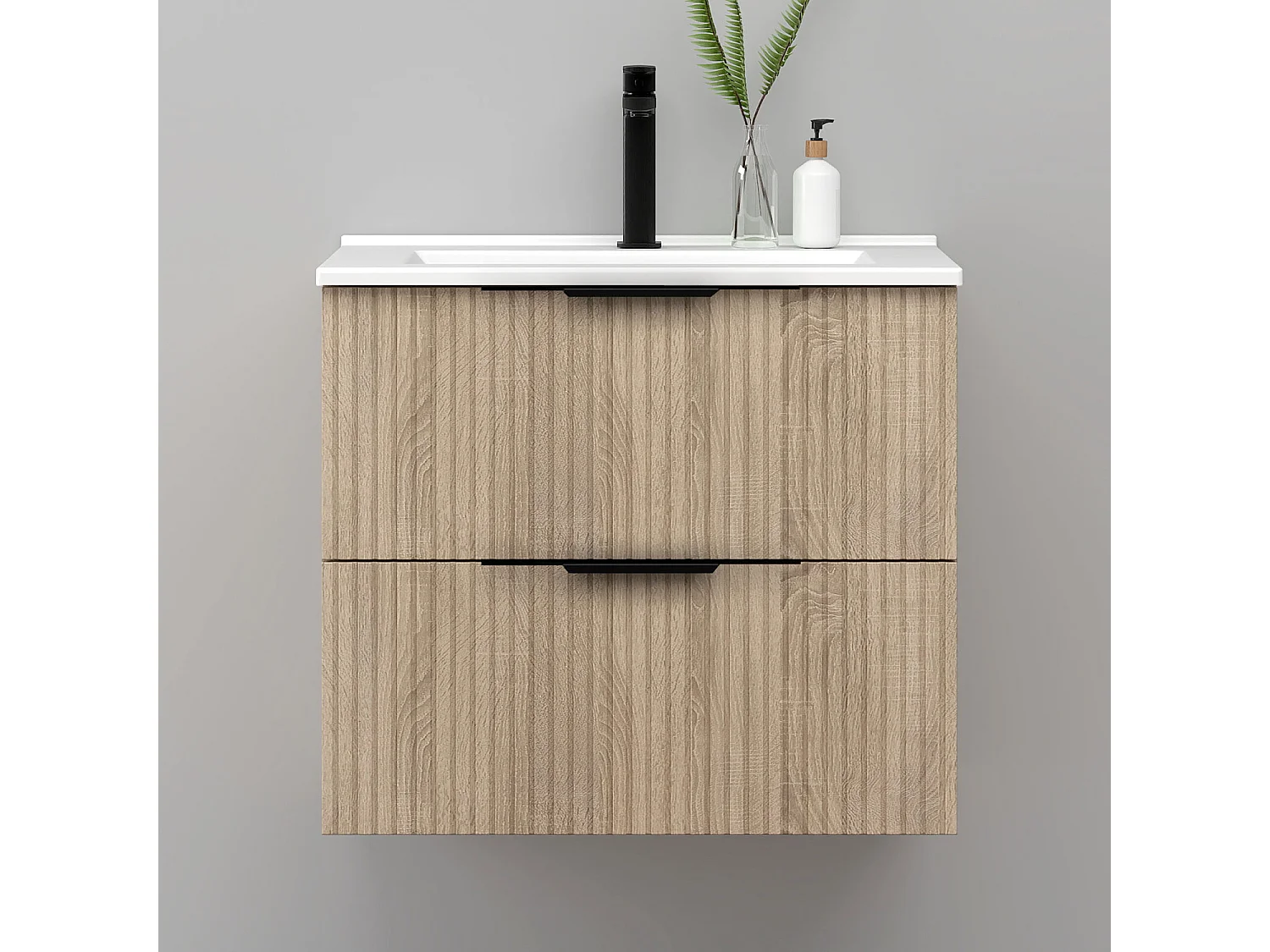 Meuble de salle de bain suspendu Strié 60cm avec poignées + simple vasque + 2 tiroirs, Chêne