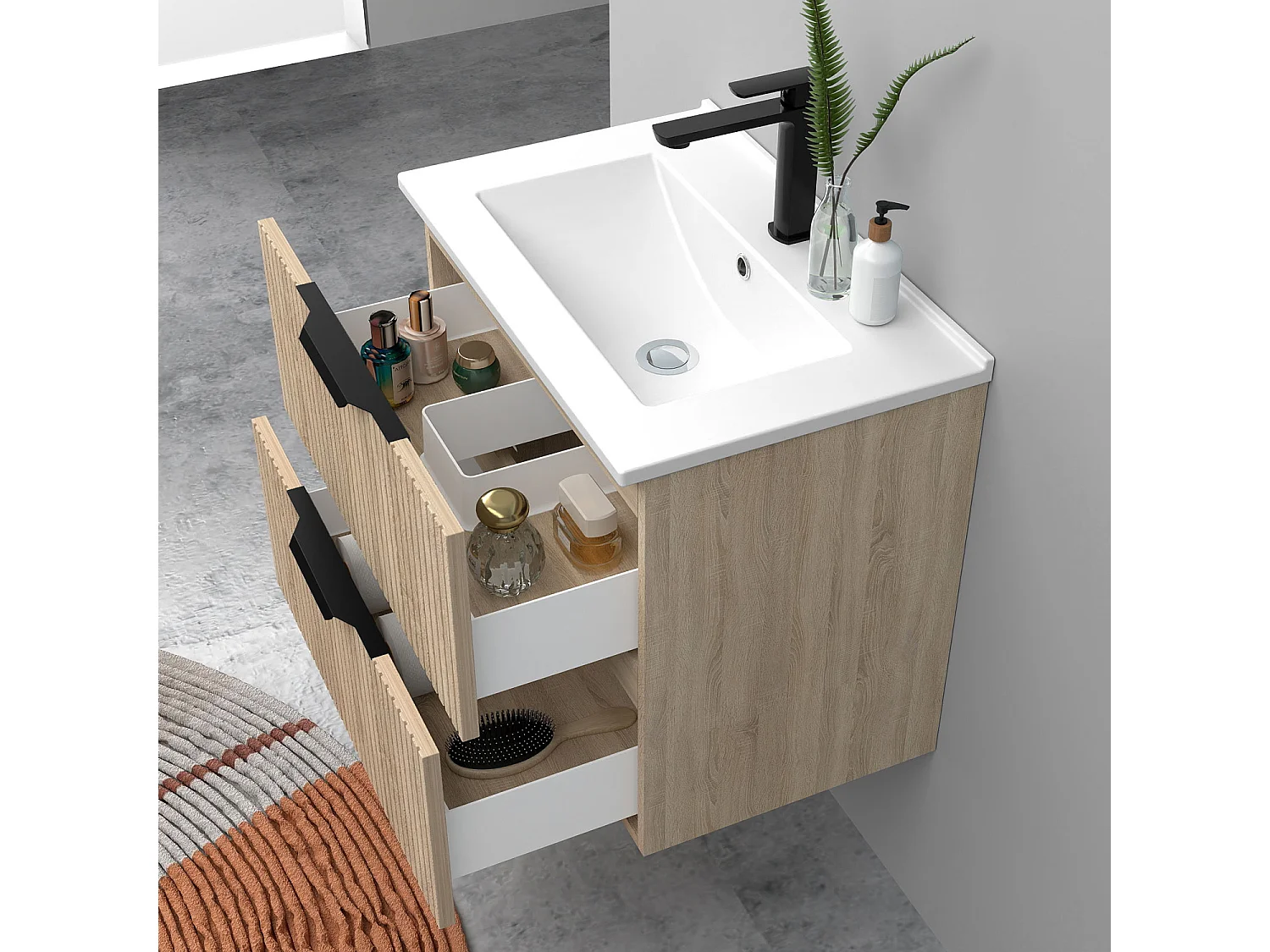 Meuble de salle de bain suspendu Strié 60cm avec poignées + simple vasque + 2 tiroirs, Chêne