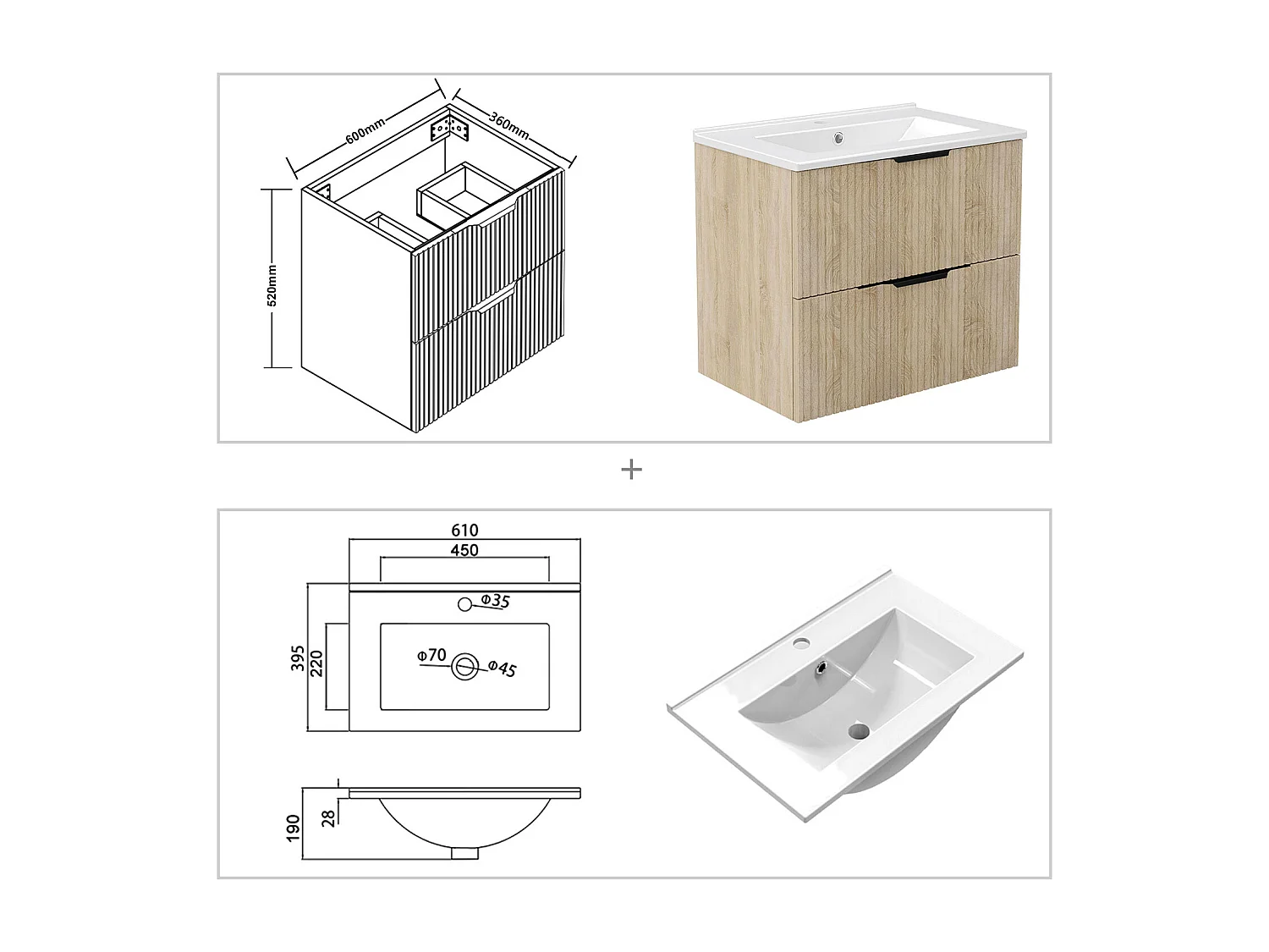 Meuble de salle de bain suspendu Strié 60cm avec poignées + simple vasque + 2 tiroirs, Chêne