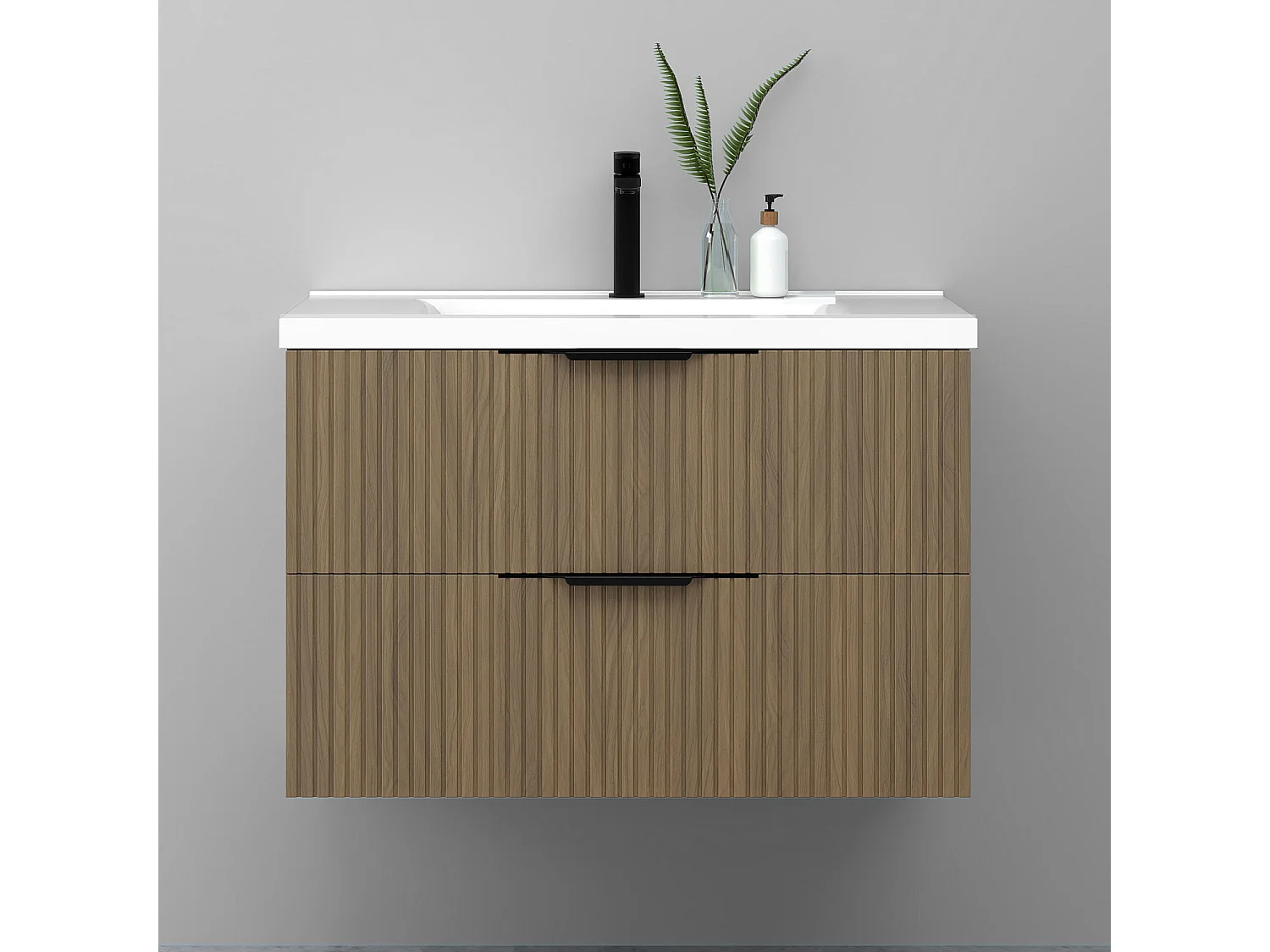 Meuble de salle de bain suspendu Strié 80cm avec poignées + simple vasque + 2 tiroirs, Noyer