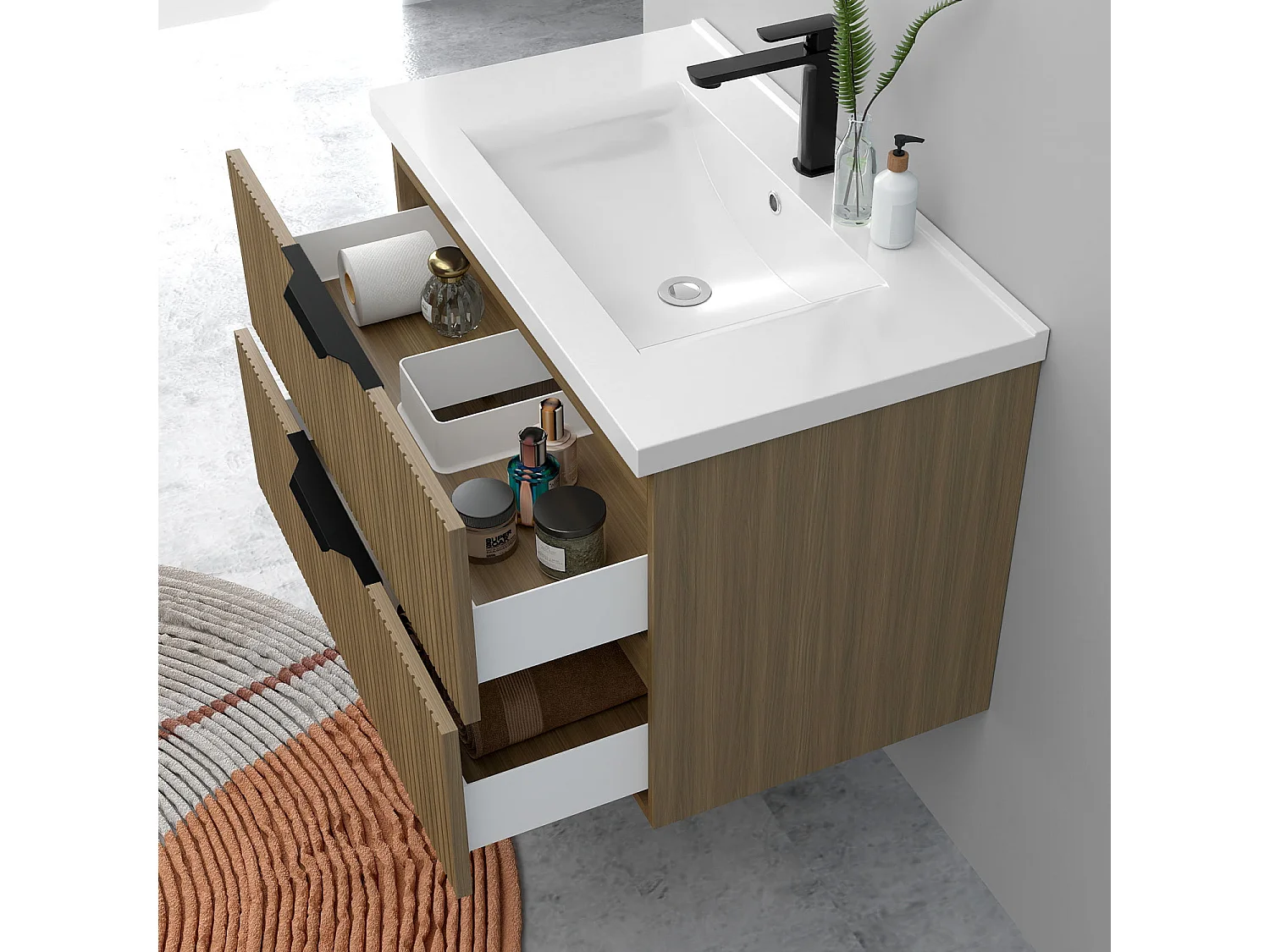 Meuble de salle de bain suspendu Strié 80cm avec poignées + simple vasque + 2 tiroirs, Noyer