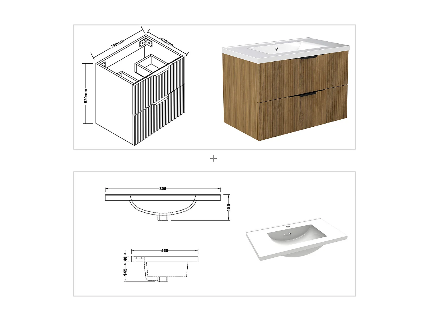 Meuble de salle de bain suspendu Strié 80cm avec poignées + simple vasque + 2 tiroirs, Noyer