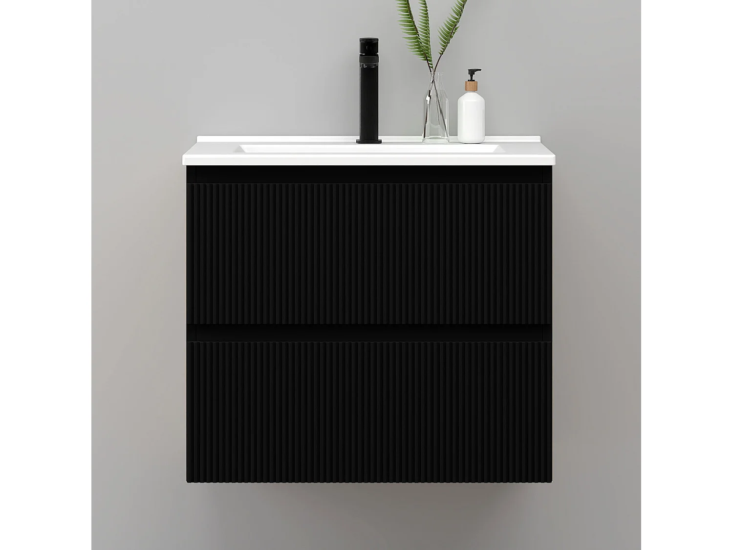Meuble de salle de bain suspendu Strié 60cm avec simple vasque + 2 tiroirs, Noir