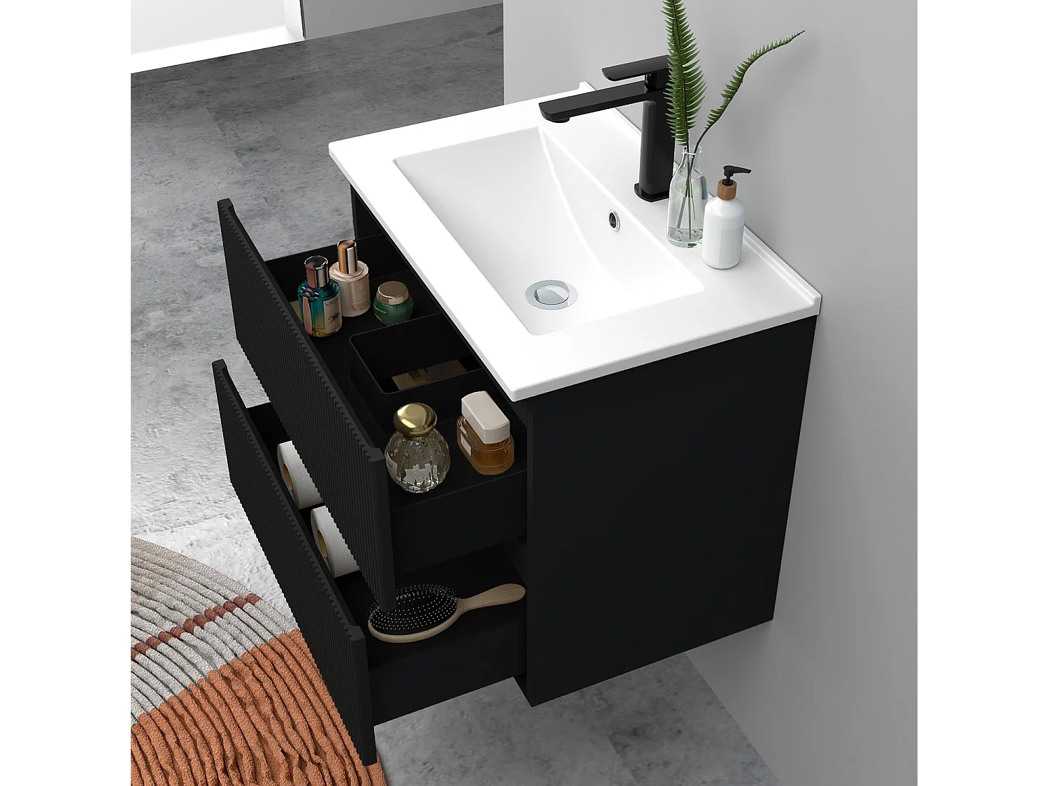 Meuble de salle de bain suspendu Strié 60cm avec simple vasque + 2 tiroirs, Noir