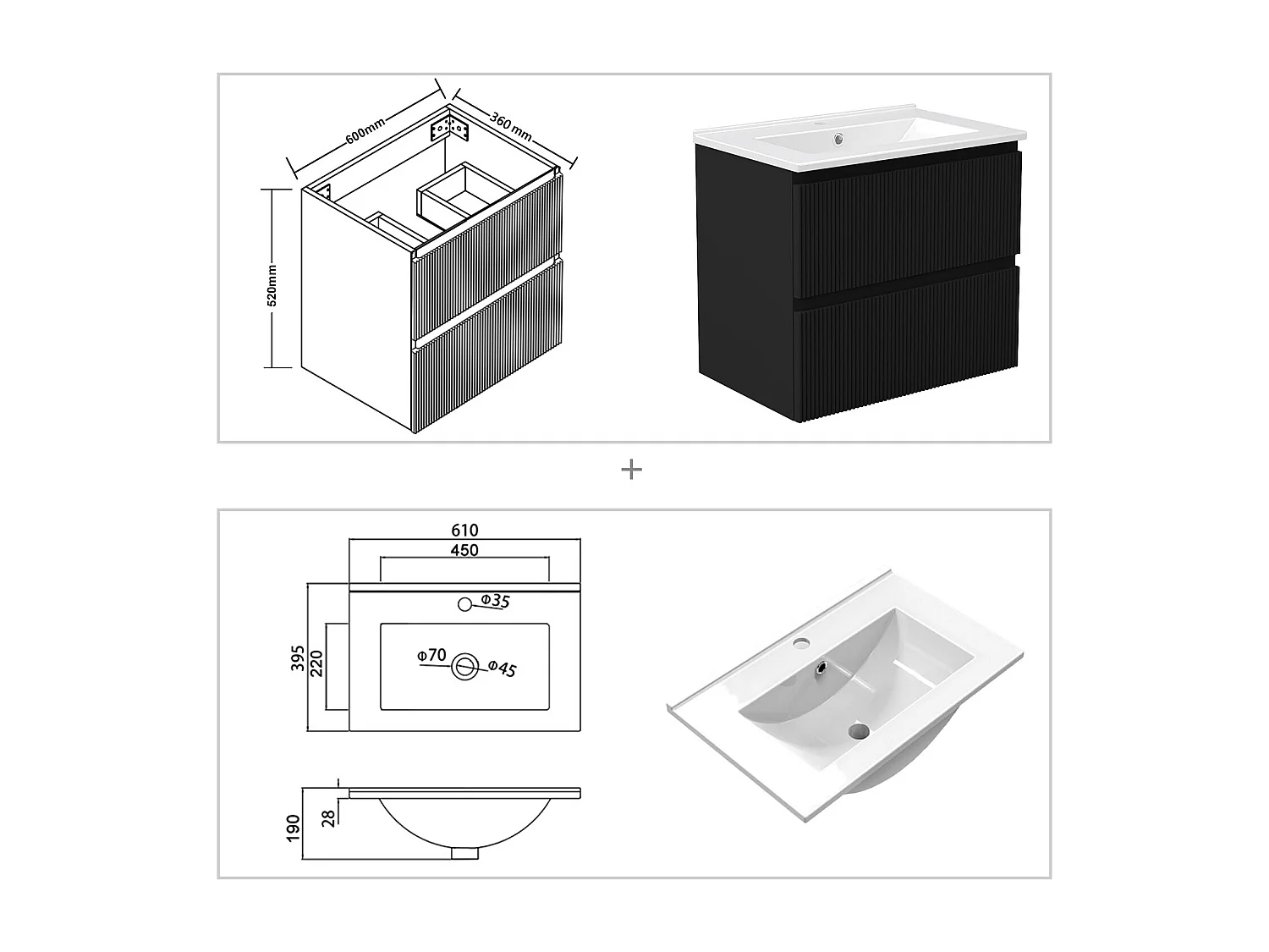 Meuble de salle de bain suspendu Strié 60cm avec simple vasque + 2 tiroirs, Noir