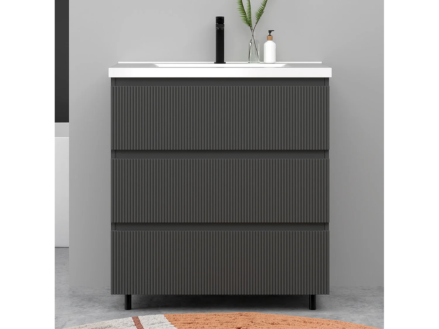 Meuble de salle de bain suspendu Strié 80cm avec simple vasque + 3 tiroirs, Anthracite