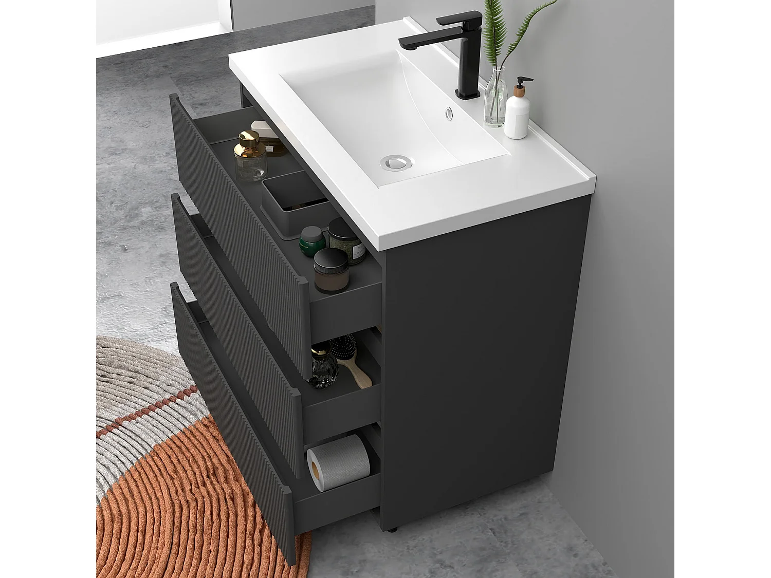 Meuble de salle de bain suspendu Strié 80cm avec simple vasque + 3 tiroirs, Anthracite
